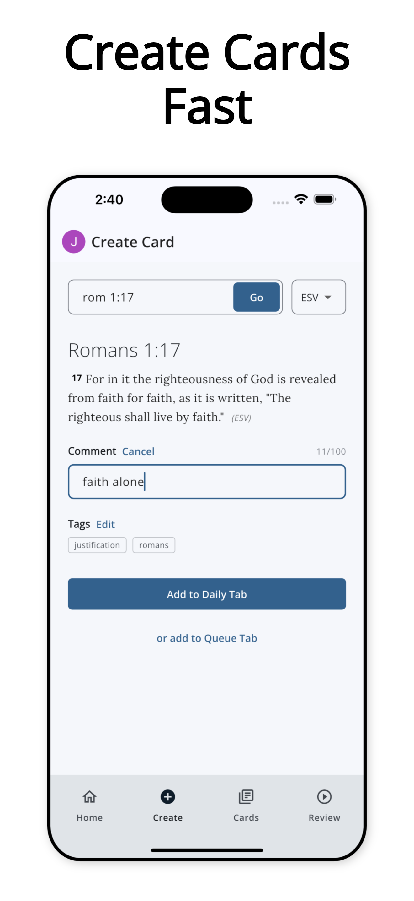 Create Cards Fast — look up any verse and save it as a card