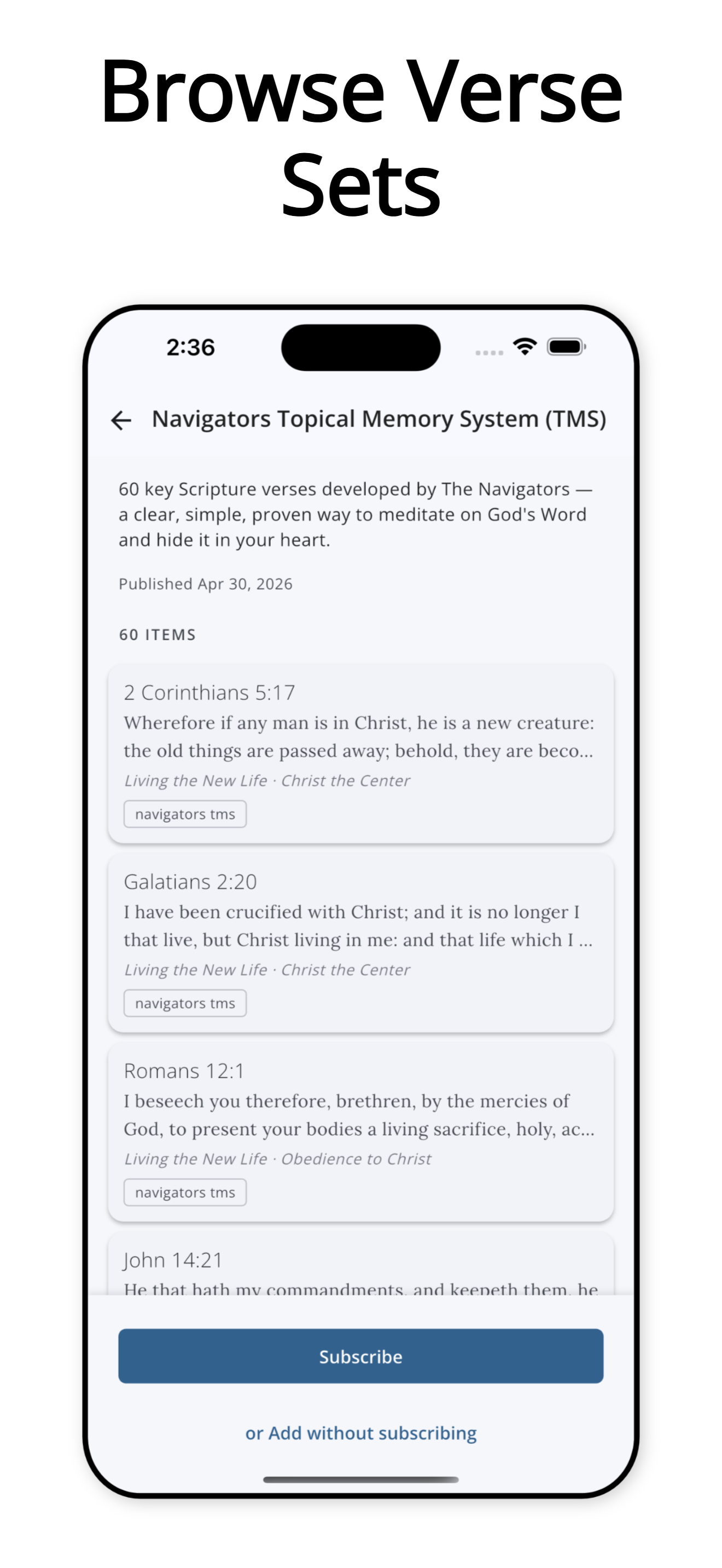 Browse Verse Sets — subscribe to curated collections like the Navigators TMS